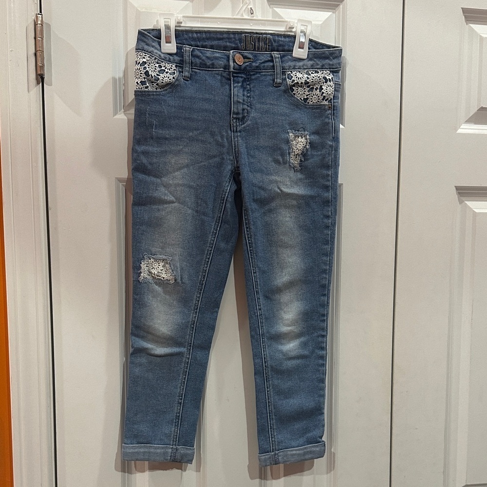 Justice Kids Blue Jeans with White Lace Pockets